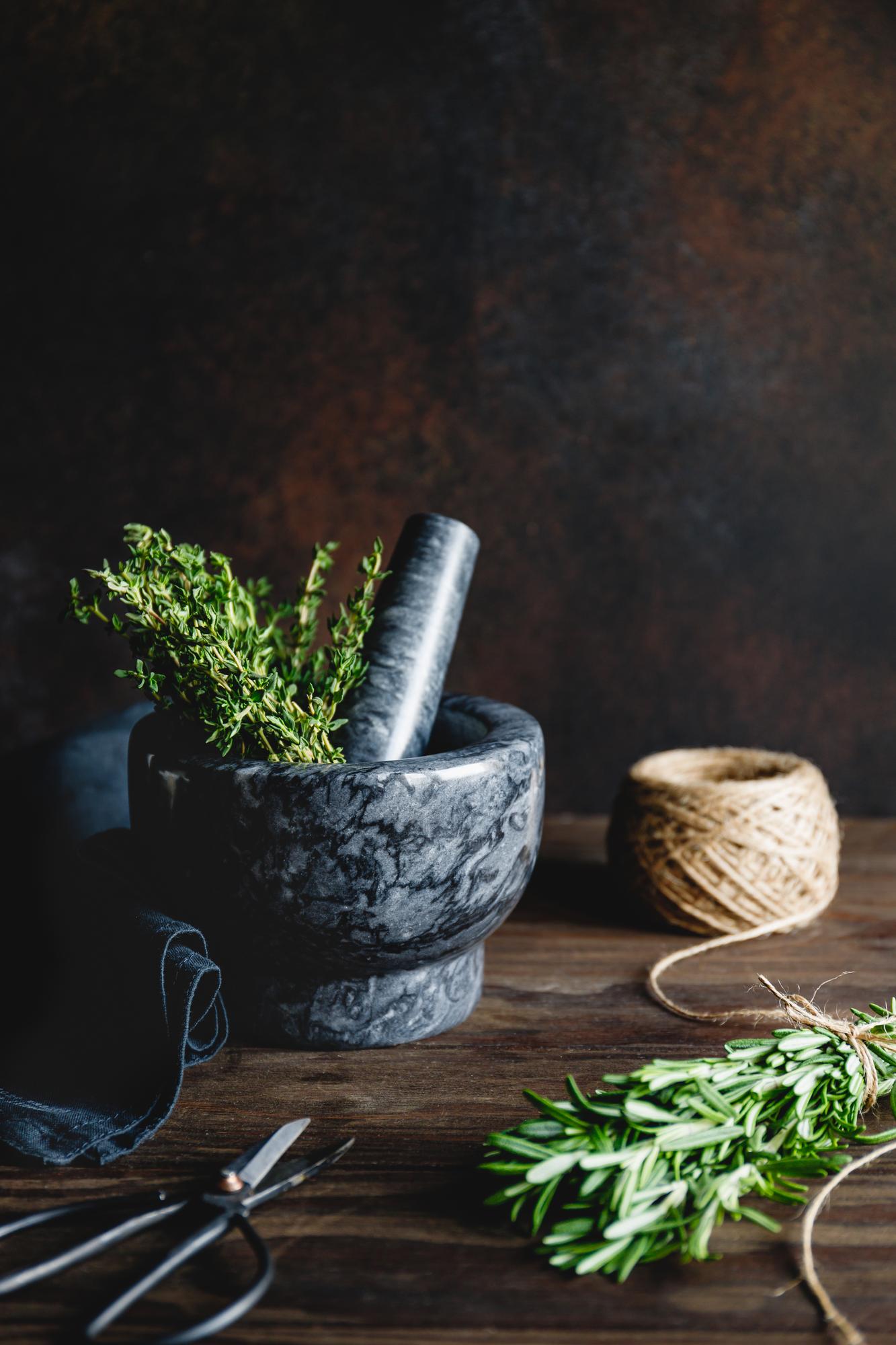 studio kitchen bench with herbs and tools