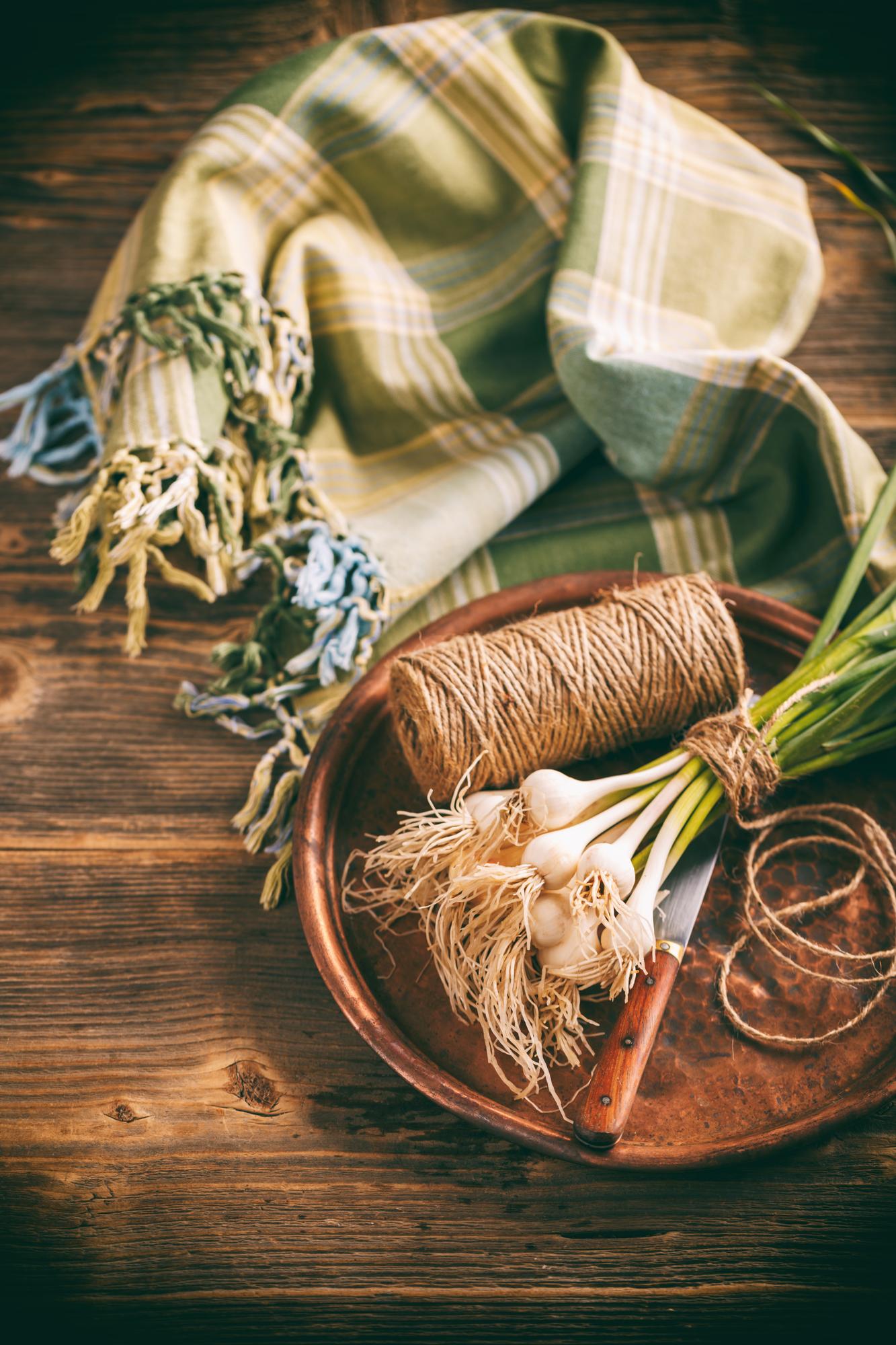 linen-wrapped herbs and vintage scales